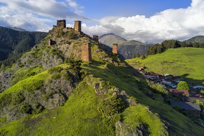 Georgia, Kakheti, Tusheti region, Omalo, the fortress of Keselo in Zemo (upper) Omalo served as a refuge for locals in wartime, medieval fortified towers (aerial view)