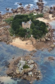 France, Cotes-d'Armor,  Cote de Granit Rose (the Pink Granite coast), Tregastel, Costaeres castle and island (aerial view)