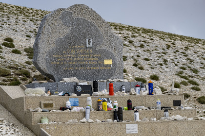 France, Vaucluse, Parc Naturel Regional du Mont Ventoux, Bedoin, the monument in memory of Tom Simpson who died during the Tour de France on the edge of the D974 road towards the summit of Mont Ventoux