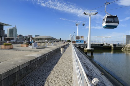 Portugal, Lisbonne, Parque das Nações (Parc des nations) construit pour l'exposition universelle de 1998, le téléphérique qui longe le Tage
