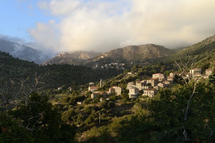 France, Corse du Sud, Sartene region, village of Fozzano and Santa Maria Figaniella in the background
