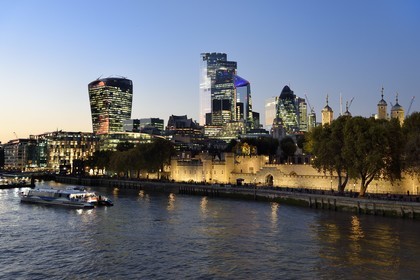 United Kingdom, London,  the River Thames, the Tower of London, the City with its skyscrapers, the tower known as the Walkie Talkie designed by architect Rafael Viñoly, Tower 30 St Mary Axe or Swiss Re Building also known as the gherkin designed by architect Norman Foster