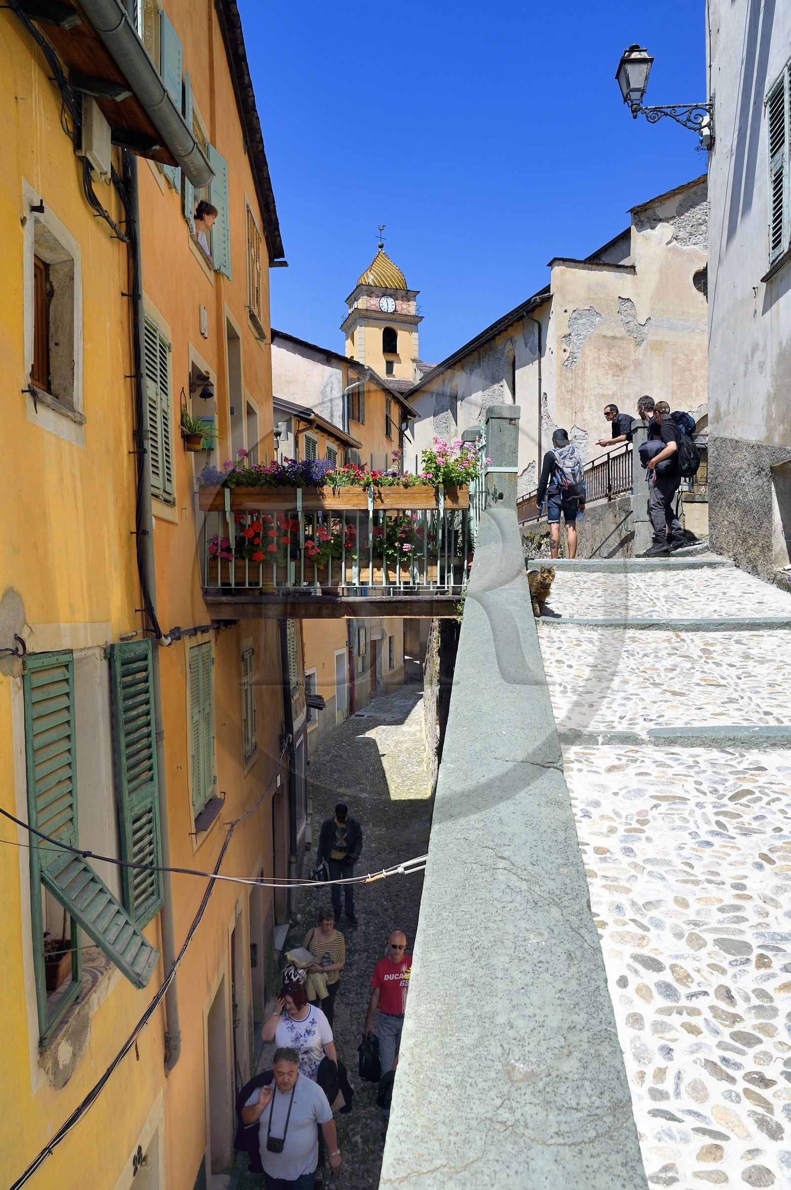 France, Alpes-Maritimes (06), vallée de la Roya (arrière-pays niçois), au pied du parc national du Mercantour, Saorge, une ruelle étroite surplombée par un pountin (petite passerelle) et l'église Saint-Sauveur