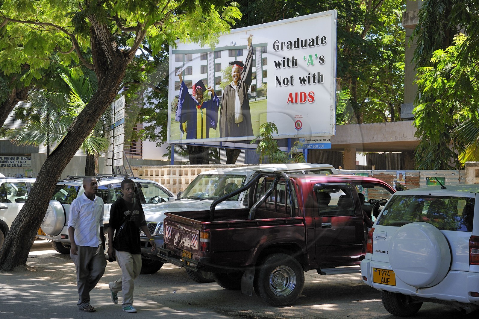 Tanzanie, Dar es-Salaam, panneau pour lutter contre la propagation du sida dans les milieux étudiants devant l'Institute of Finance Management