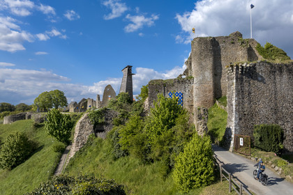 France, Vendee, Tiffauges, the castle of Tiffauges, old castle in ruins where Gilles de Rais resided, bike ride (aerial view)