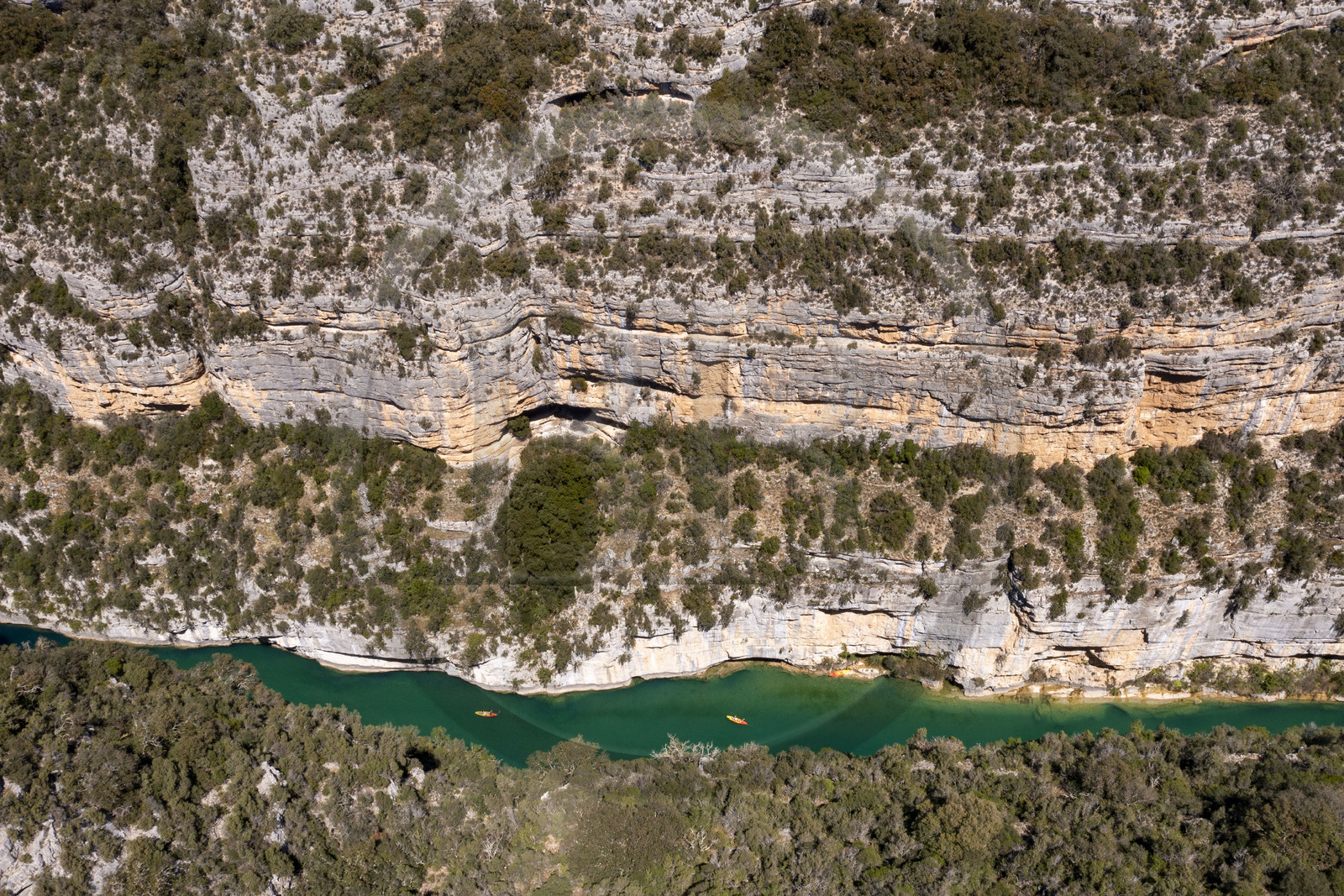 Var on the Left Bank and Alpes de Haute Provence on the Right Bank, Parc Naturel Regional du Verdon, Basses Gorges du Verdon downstream of Lake St. Croix, discovery by kayak of the gorges de Baudinard  (aerial view)