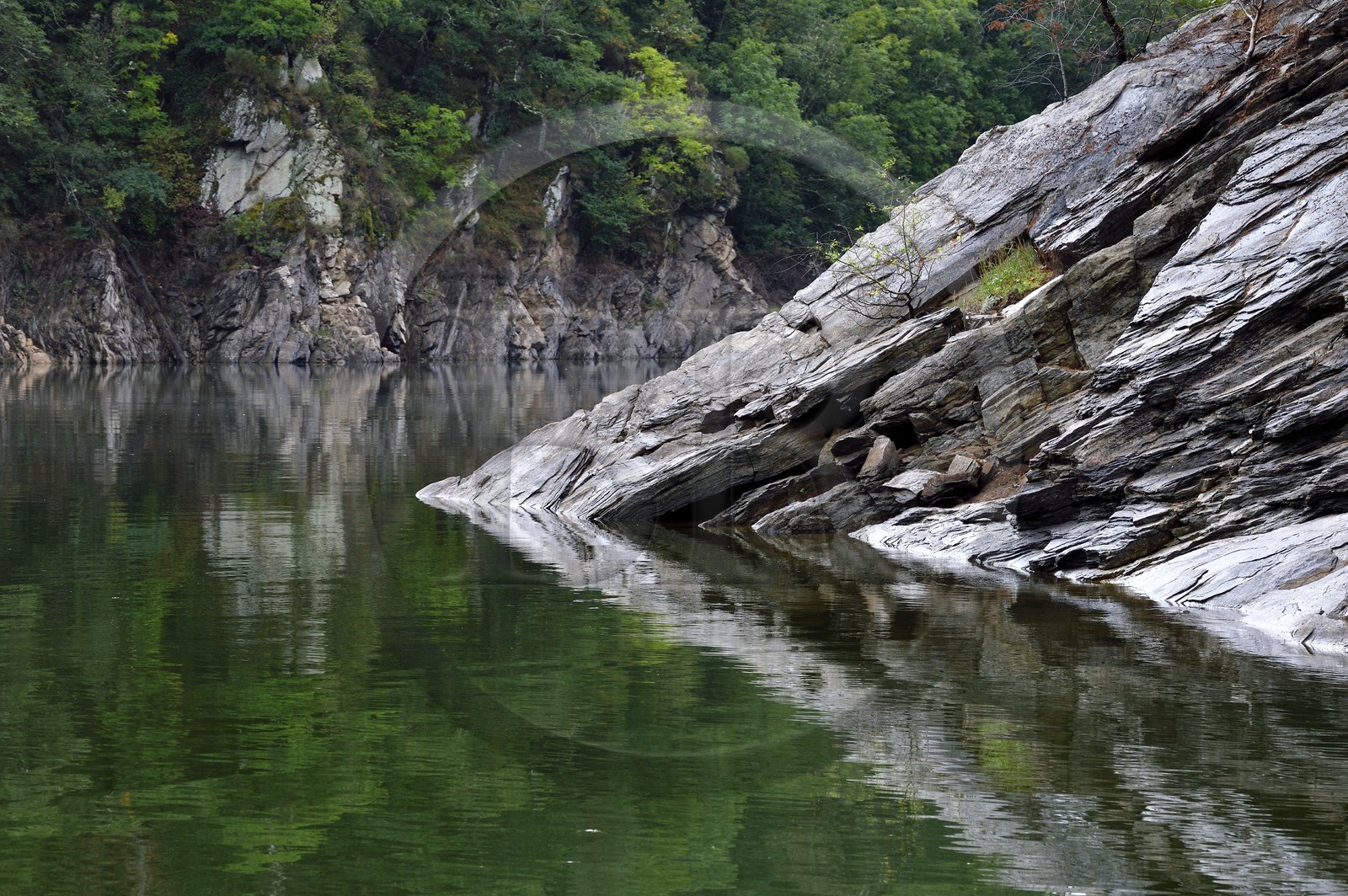 France, Cantal (15), Gorges de la Truyère, Chaliers, la rivière Truyère en amont du viaduc de Garabit