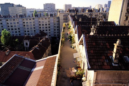 France, Paris, terraces of small houses on the roof of a factory, behind Barrault Street