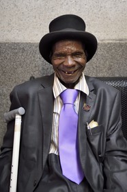 Zimbabwe, Matabeleland North Province, Victoria Falls, Mr. Sweet Lemon (94 years) from Mutare in his best suit and  wearing a beaver hat
