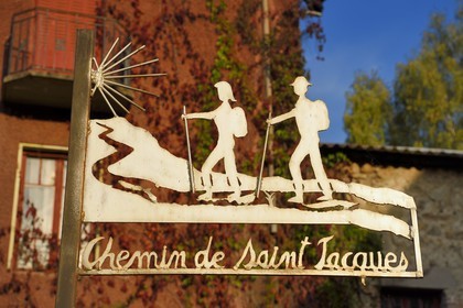 France, Cantal, Ferrières-Saint-Mary, road sign of St Jacques de Compostela