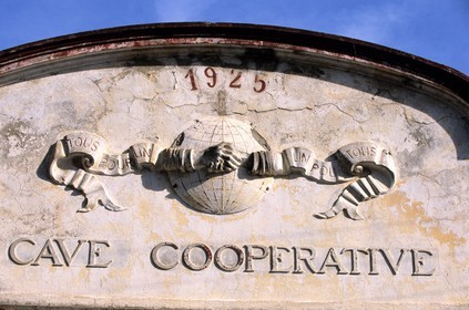 France, Pyrenees Orientales, belesta, sign of the cooperative wine cellar