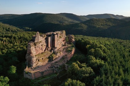 France, Bas Rhin, Northern Vosges Regional Natural Park, Lembach, Fleckenstein Castle (aerial view)