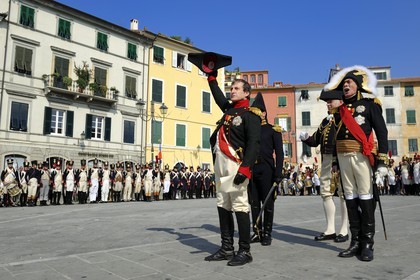 Italy, Liguria, Sarzana, Napoleon Festival, Napoleon reviews the troops along with the Marshal of the Empire Massena on the Piazza Matteotti