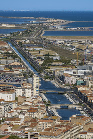 France, Herault, Sète, panorama from Mont Saint-Clair, view of the Peyrade canal and the Grande-Motte in the background