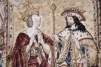 France, Haute-Loire (43), Parc naturel régional Livradois-Forez, l'abbaye de La Chaise-Dieu, tapisseries de la tenture de choeur, ensemble des 14 tapisseries flamandes réalisées au XVIe siècle retraçant des récits bibliques issus de l’Ancien et du Nouveau Testament, le Roi Salomon honore sa mère (détail)