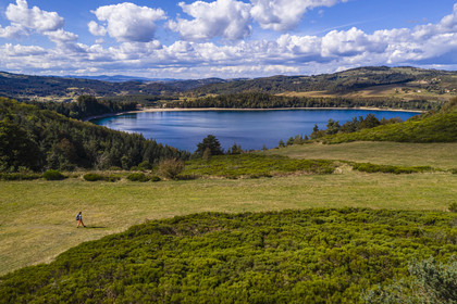 France, Ardeche, parc naturel regional des Monts d'Ardeche (Regional natural reserve of the Mounts of Ardeche), Mezenc Massif, Lac d'Issarles, a Maar-type volcanic lake seen from the Col du Gage (aerial view)
