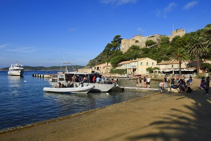 France, Var (83), Iles d'Hyères, parc national de Port Cros, Ile de Port-Cros, le Fort du Moulin surplombe le village de Port Cros et son club de plongée