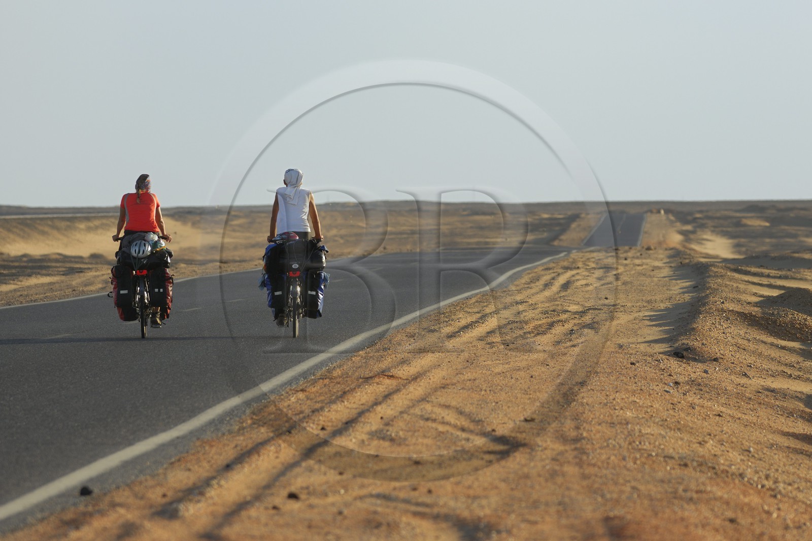 Egypte, désert libyque, couple de touristes cyclistes sur la route du Caire à Bahareyya