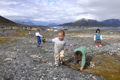 Greenland, Nanortalik, Inuit children playing