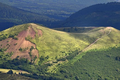 France, Puy de Dome, Parc Naturel Régional des Volcans d'Auvergne (regional nature park of Auvergne volcanoes), Chaine des Puys listed as World heritage by UNESCO, the path and the steps leading to the Puy Pariou crater