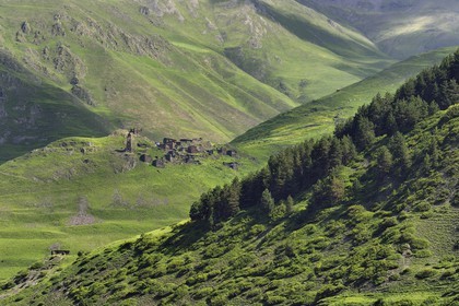 Géorgie, Kakheti, Parc national de Touchétie, vallée de la rivière Alazani dans les montagnes de Pirikiti, village perché de Kvavlo qui surplombe Dartlo