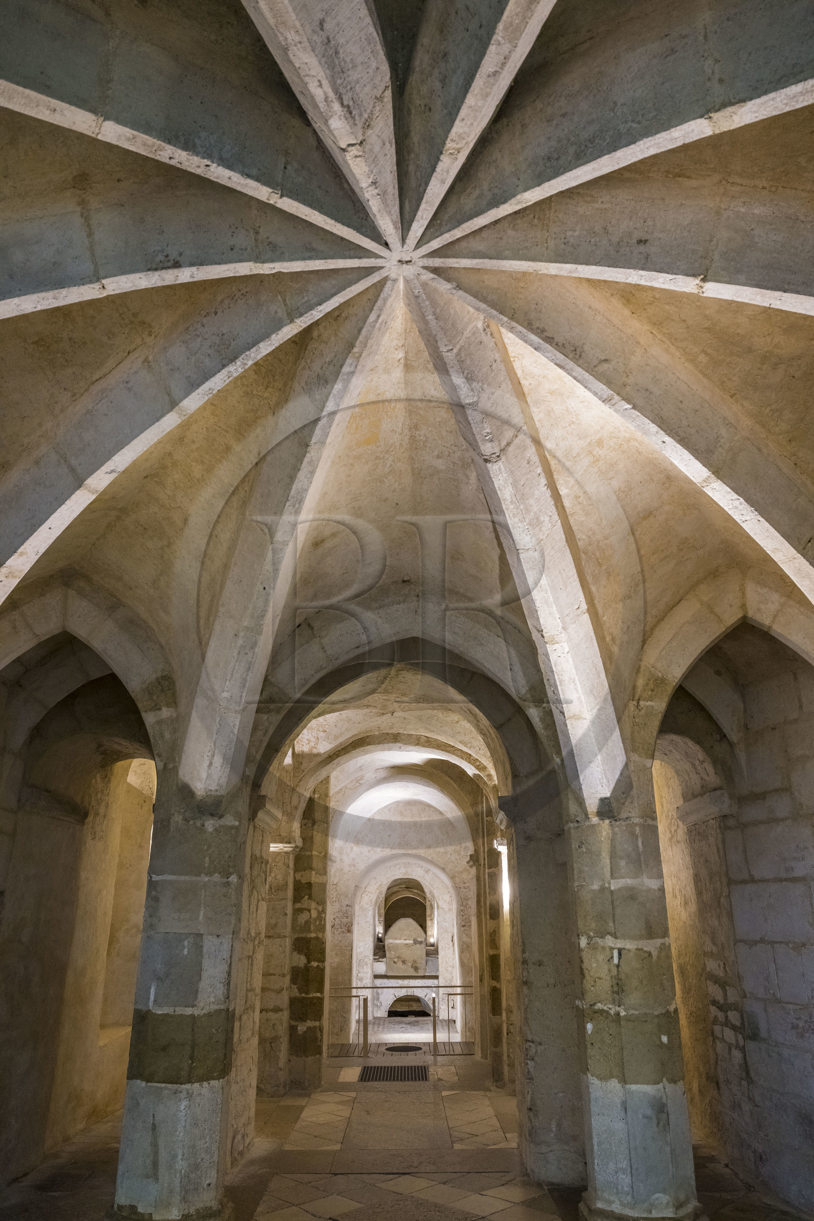 France, Yonne (89), Auxerre, l'église abbatiale de l'abbaye Saint-Germain, voutement à dix ogives de la chapelle gothique construite au XIVe siècle en extension de la crypte carolingienne, le sarcophage de Germain dans ce qui reste de l'oratoire du Ve siècle en arrière plan
