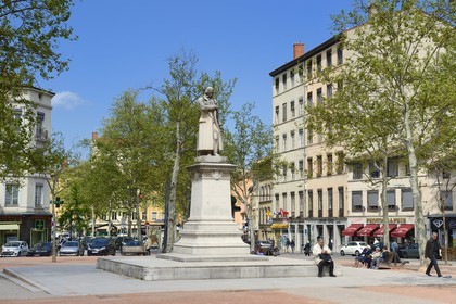 France, Rhone, Lyon, La Croix Rousse District, Joseph-Marie Jacquard statue place de la Croix Rousse