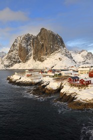Norvège, Nordland, Iles Lofoten, Ile de Moskenes, le port de pêche de Hamnoy près de Reine, accrochage du cabillaud (morue) pour le séchage