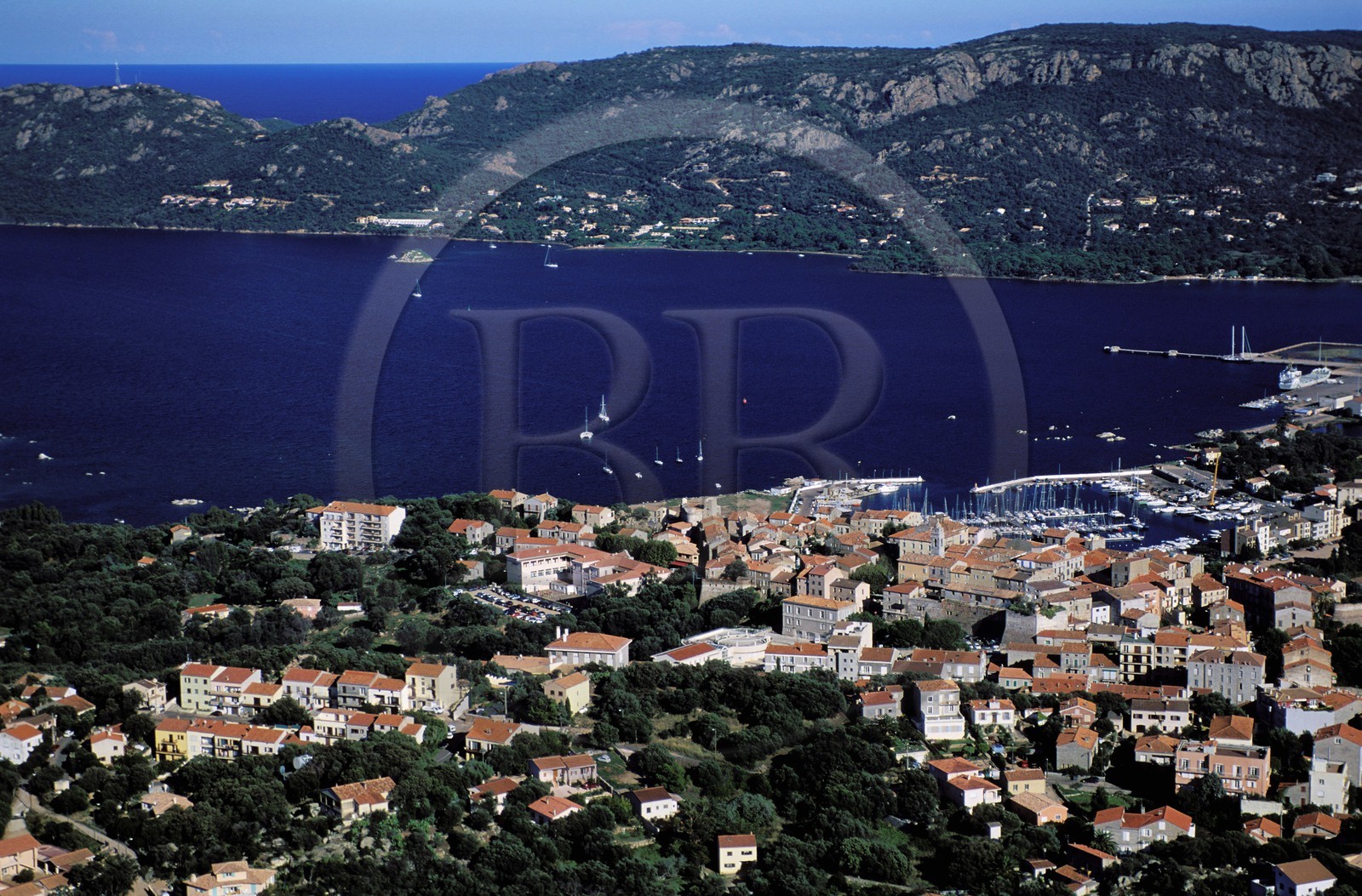 France, Corse du Sud, Porto Vecchio, old town overlooking the bay (aerial view)