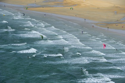 France, Morbihan, kitesurfing on Erdeven and Plouharnel beach (aerial view)