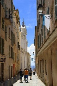 France, Haute Corse, Bastia, the Citadel district of Terra Nova, rue Notre-Dame and the former St. Mary's Cathedral in the background