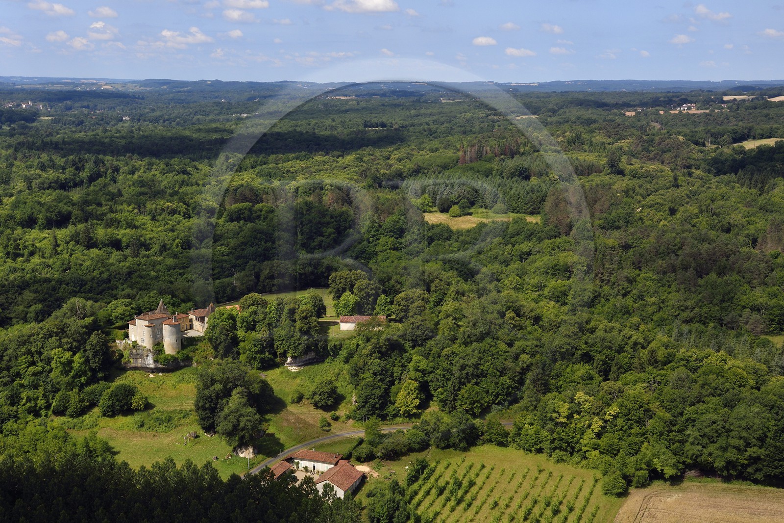 France, Dordogne (24), Périgord Vert, Valeuil, Chateau de Ramefort (vue aérienne)