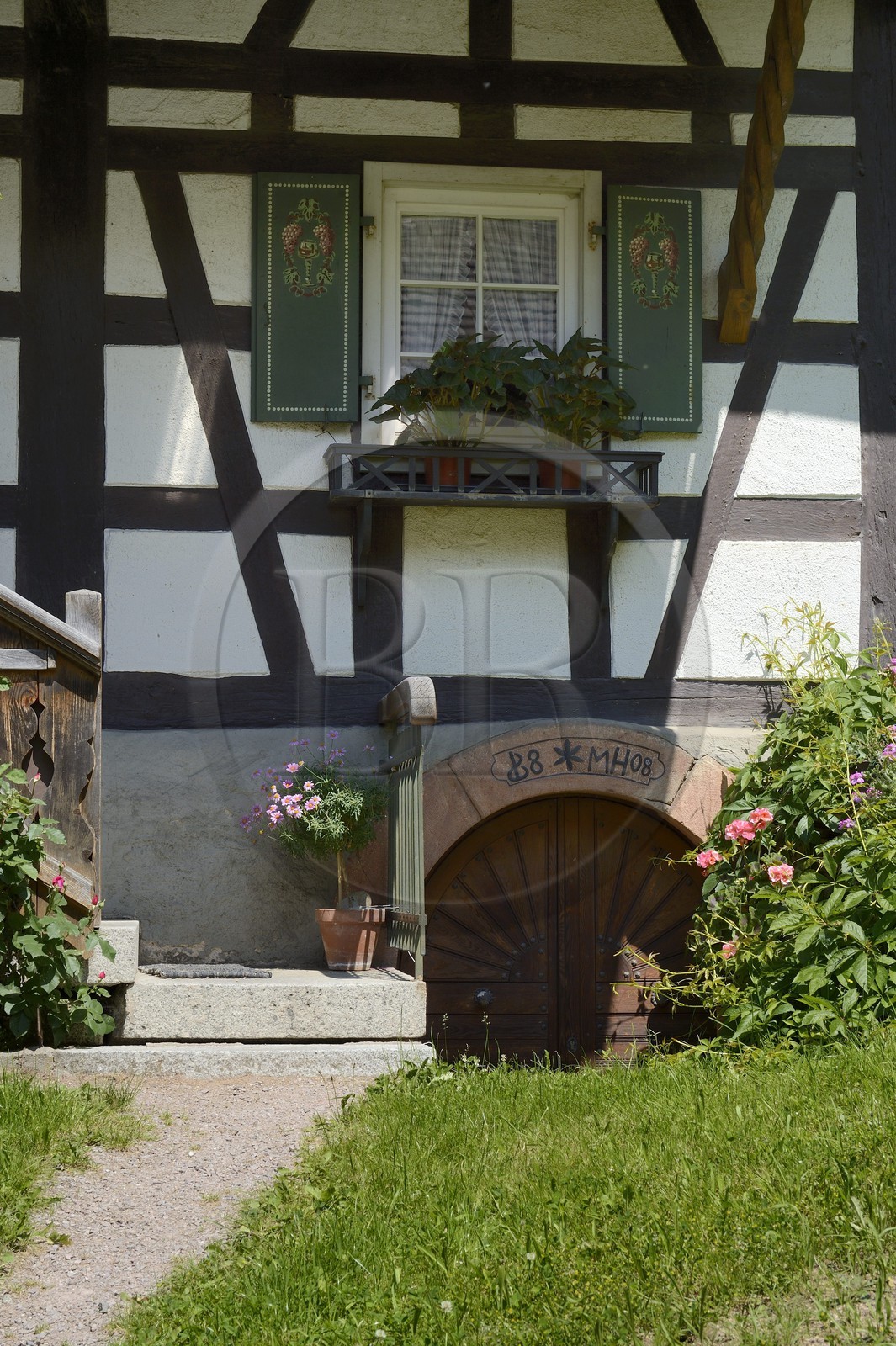 Germany, Baden-Wurttemberg, Durbach, half timbered farm, decorated pane