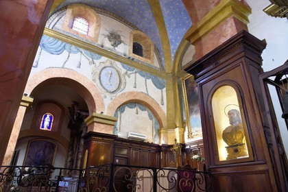 France, Var, Bormes les Mimosas, Saint Trophyme church, frescoes dating from its construction discovered during a recent restoration and the bust of Saint Trophyme