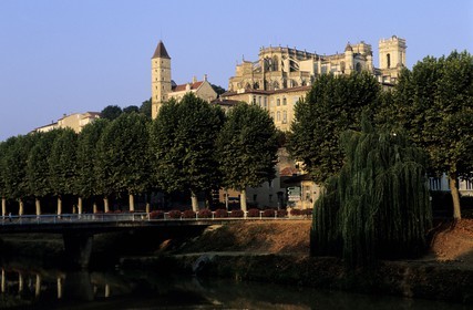 France, Gers, Auch, Saint Mary cathedral and Armagnac Tower dominating the river Gers