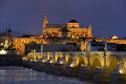 Spain, Andalusia, Cordoba, historical center listed as World Heritage by UNESCO, the 1st century BC Roman bridge over Guadalquivir river and the Mosque Cathedral