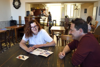 France, Var, Presqu'ile de Saint-Tropez, Ramatuelle, place Gabriel Péri in the heart of the old village, the Cercle du littoral (associative Café), its president Claude Clérici