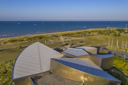 France, Calvados, Courseulles sur Mer, Juno Beach Centre, museum dedicated to Canada's role during the Second World War (aerial view)