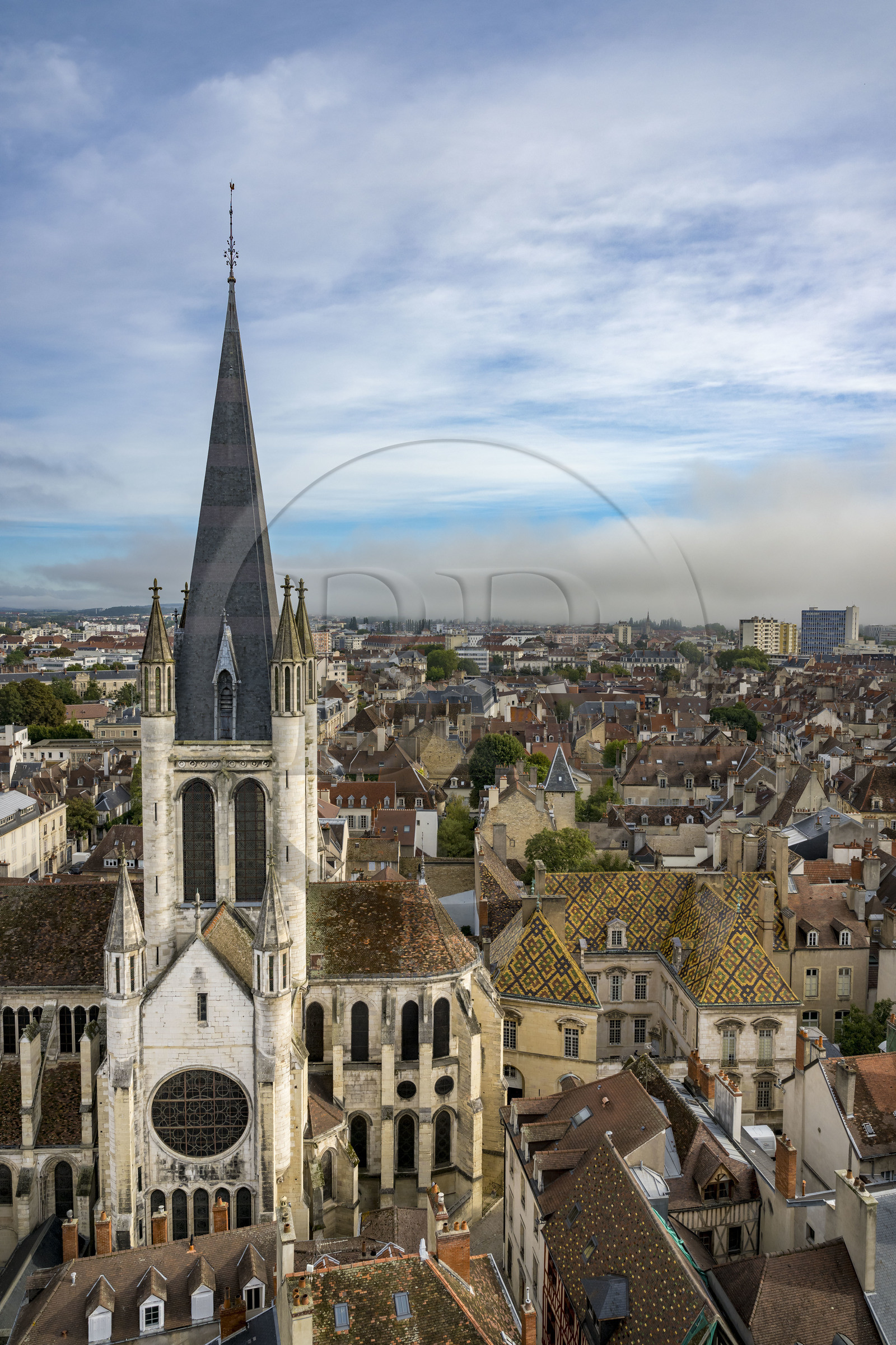 France, Côte-d'Or (21), Dijon, zone classée Patrimoine Mondial de l'UNESCO, toit coloré en tuile vernissée de l'hôtel de Vogüé et l'église Notre-Dame de Dijon vue depuis la Tour Philippe Le Bon