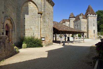 France, Dordogne, Périgord Vert, Saint Jean de Cole, labelled Les Plus Beaux Villages de France (The Most beautiful Villages of France), Marthonye or Marthonie castle, the Saint Jean Baptiste church and the covered market