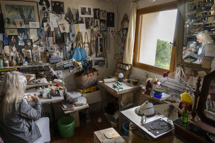 France, Vaucluse, Dentelles de Montmirail mountains, the medieval village of Séguret, labelled Les Plus Beaux Villages de France (The Most Beautiful Villages of France), workshop of Kti Sias who creates ceramic jewelry