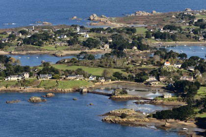 France, Cotes-d'Armor, Brehat island, the Saint Michel chapel overlooks the island and the Birlot tide mill (aerial view)