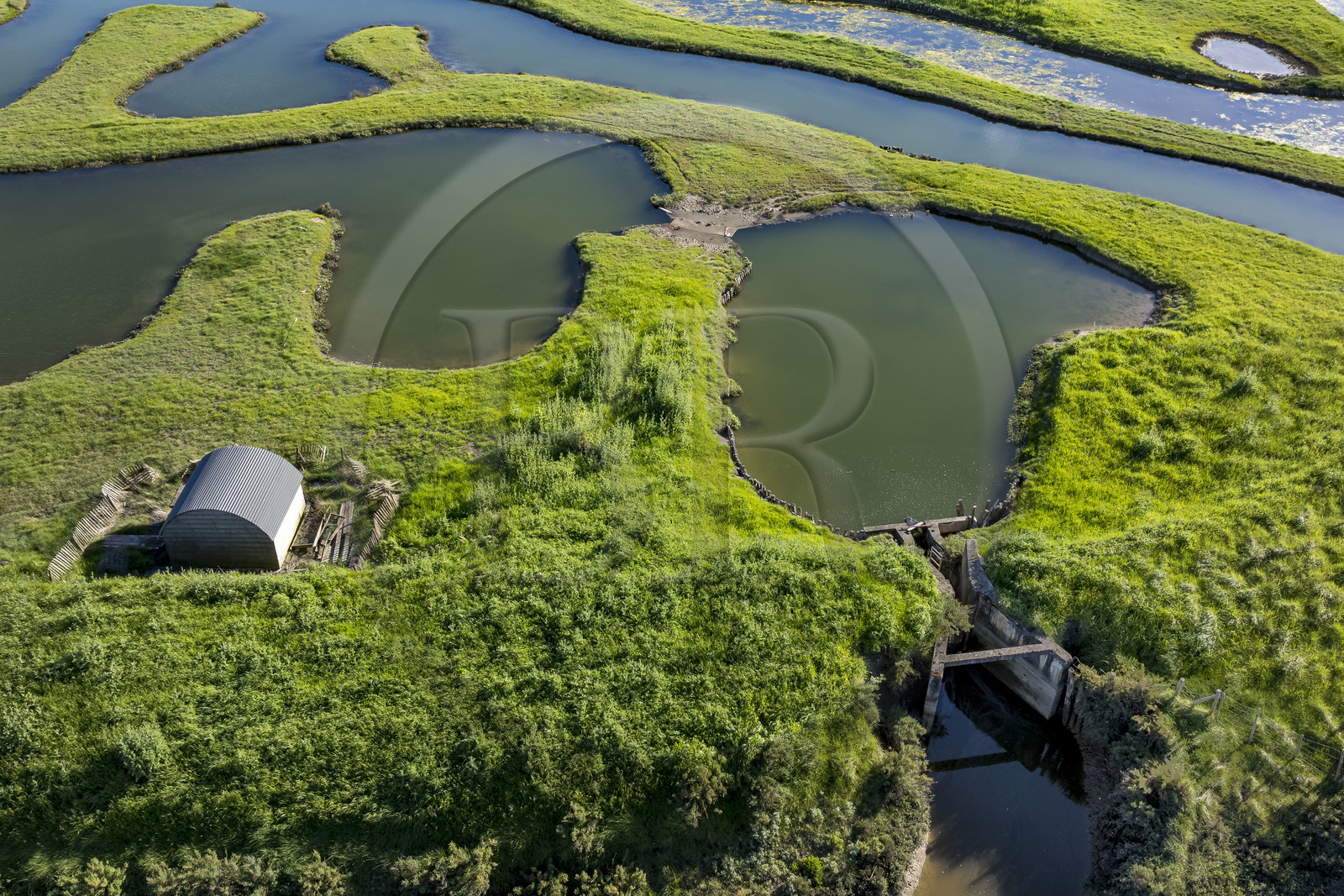 France, Vendée (85), Talmont-Saint-Hilaire, marais de la Guittière dans l'arrière pays de la Pointe du Payré, passage du Cul d’Ane, marais aménagés pour la pisciculture de dorades, mulets et anguilles (vue aérienne)