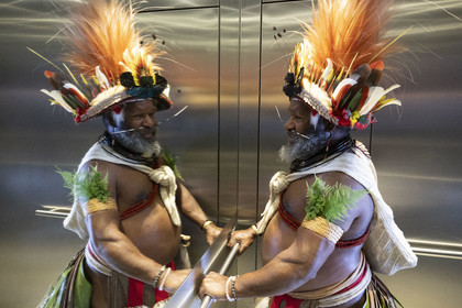 France, Paris, UNESCO Headquarters, Papuan Chief Mundiya Kepanga In the elevator
