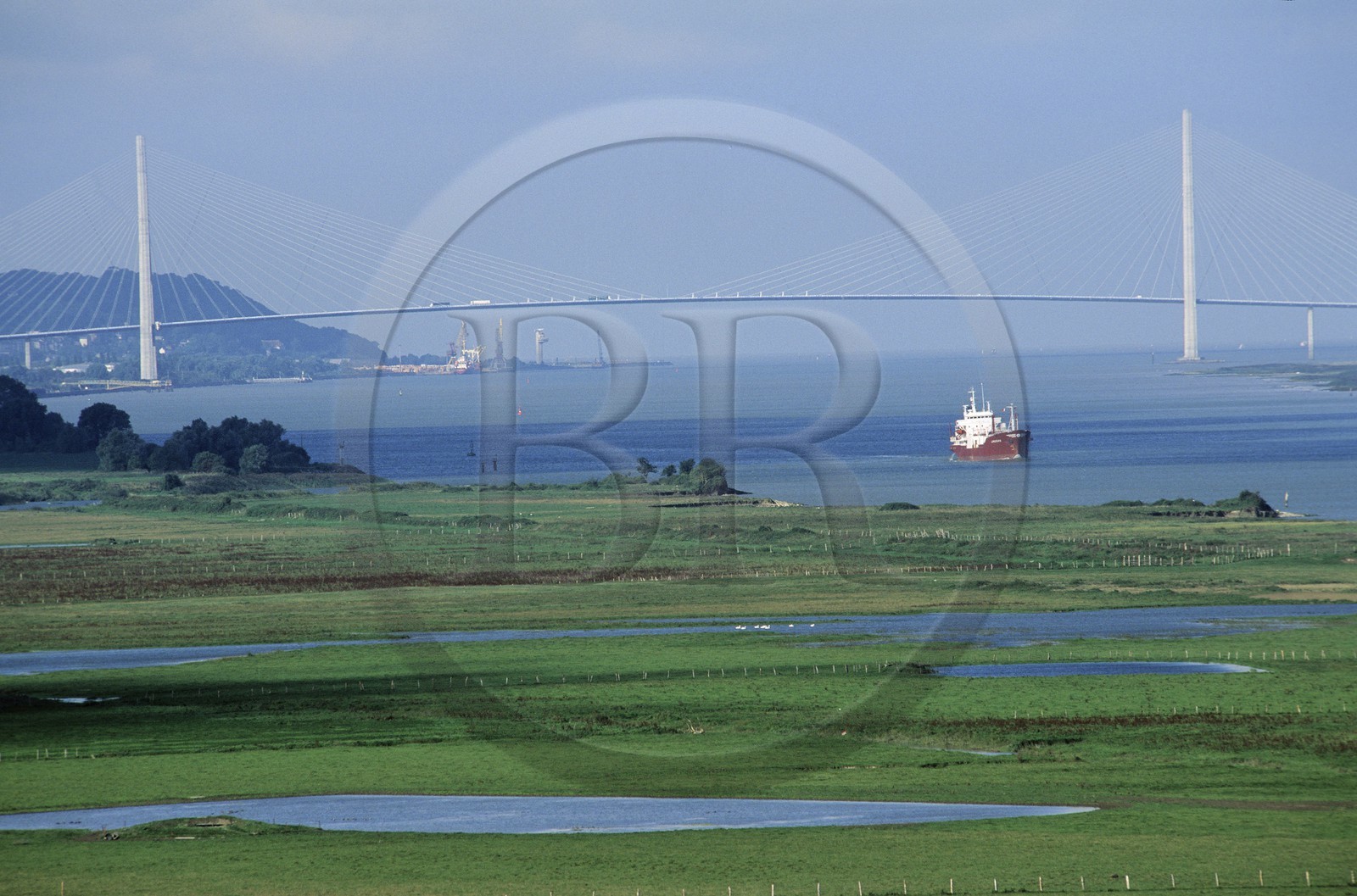 France, Eure (27), le Marais-Vernier et le Pont de Normandie, un cargo remonte la Seine France, Eure (27), le Marais-Vernier et le Pont de Normandie, un cargo remonte la Seine
