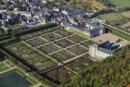 France, Indre et Loire, Loire Valley listed as World Heritage by UNESCO, the castle and gardens of Villandry (owners Henri and Angelique Carvallo) (aerial view)