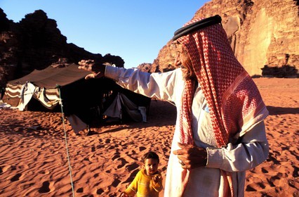 Jordan, Wadi Rum, Bedouin in front of his tent