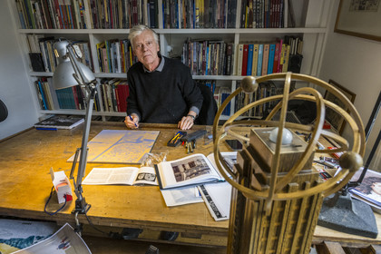 France, Paris, cartoonist and comic book author François Schuiten in his Parisian studio, He is making adjustments to his drawing on one of the future ceramic plaques that will adorn the platform of the Pont de Sèvres metro station on the future Grand Paris Express network.