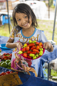 France, French Guiana, Javouhey, Sunday market Hmong refugees from Laos who arrived in 1978 and have specialized in fruit farming, Seven-year-old Nancy presents the products from her parents' stall