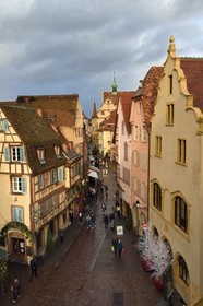 France, Haut Rhin, Colmar, gabled houses and wood-framed houses in Grand Rue with Christmas decorations